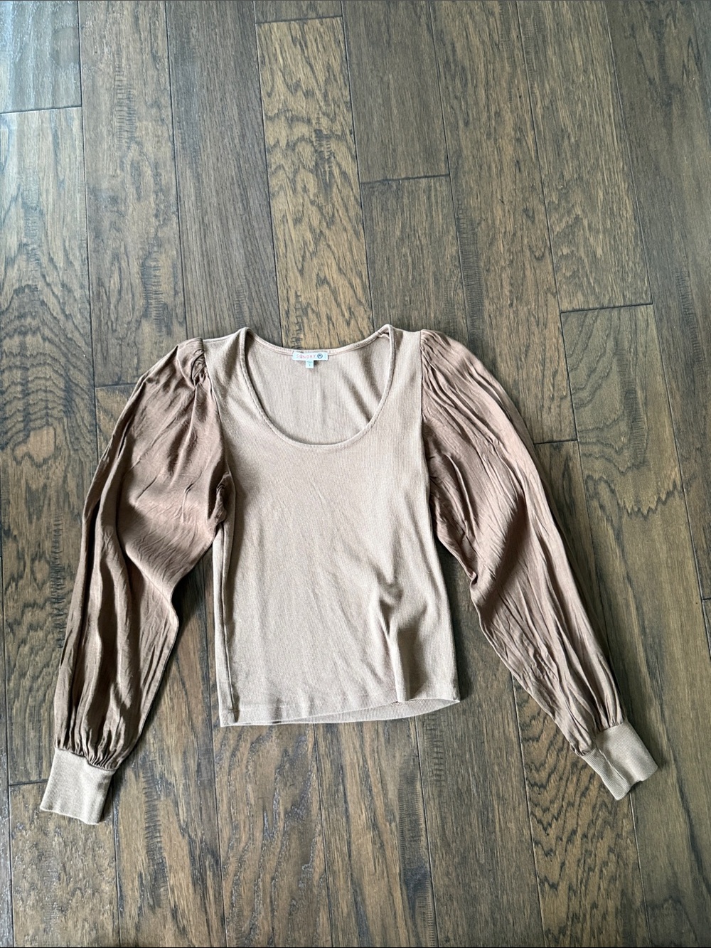 Sundry Taupe Scoop Neck Long Sleeve Top with Pleated Sleeves